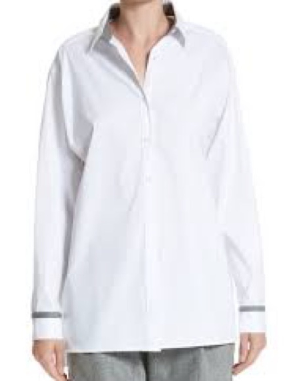 Lafayette 148 Jessie Crystal Monili Trim White Poplin Shirt Tunic Top Size‎ S